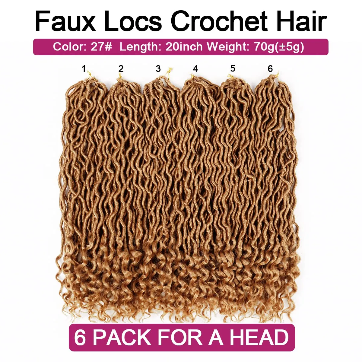 6 Packs Goddess Locs Crochet Hair 20 Inch Faux Locs Crochet Hair with Curly Ends, Crochet Pre looped Hair Brown Deep Wave Synthetic Braids Hair Extensions (20Inch, 27#)