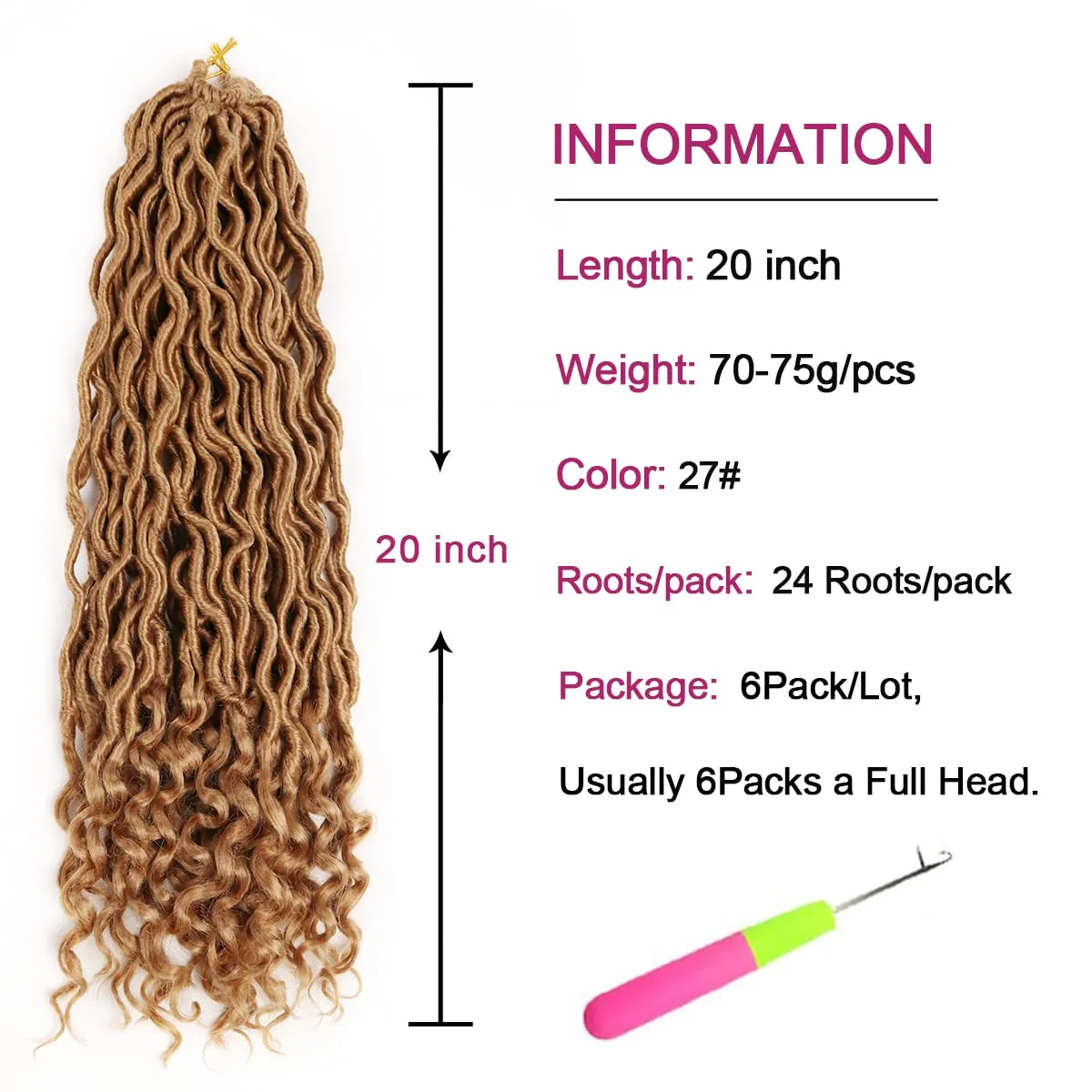 6 Packs Goddess Locs Crochet Hair 20 Inch Faux Locs Crochet Hair with Curly Ends, Crochet Pre looped Hair Brown Deep Wave Synthetic Braids Hair Extensions (20Inch, 27#)