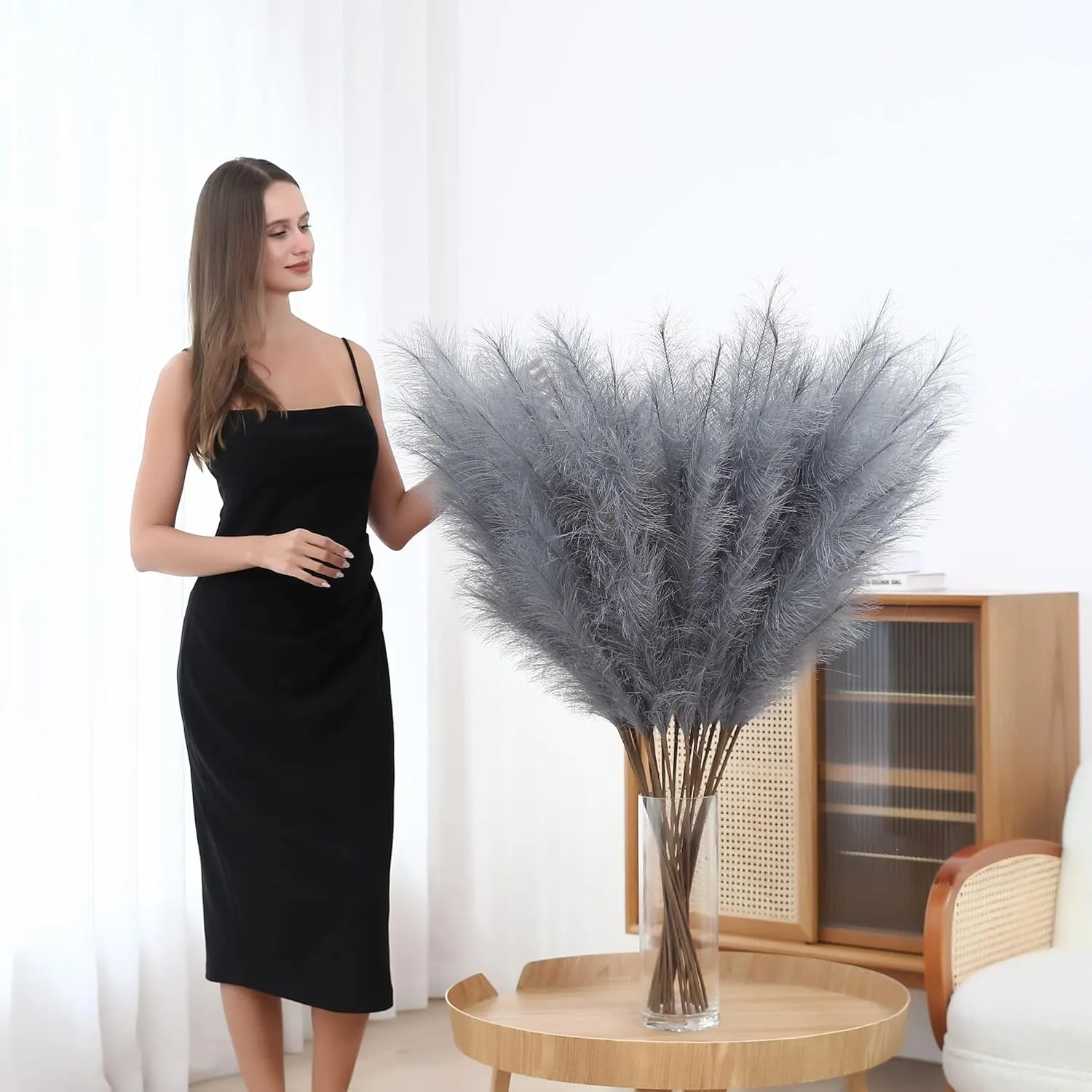 8 Pcs 45 inch Tall Faux Pampas Grass Decor, Large Artificial Grey Pompous Grass Bulk, Long Fake Pompas for Floor Vase Filler, Wedding, Baby Shower, Home and Boho Decor (Grey)