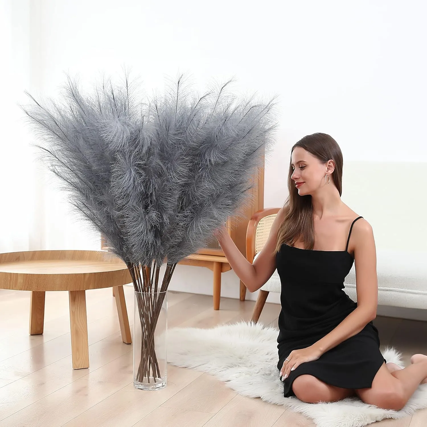 8 Pcs 45 inch Tall Faux Pampas Grass Decor, Large Artificial Grey Pompous Grass Bulk, Long Fake Pompas for Floor Vase Filler, Wedding, Baby Shower, Home and Boho Decor (Grey)