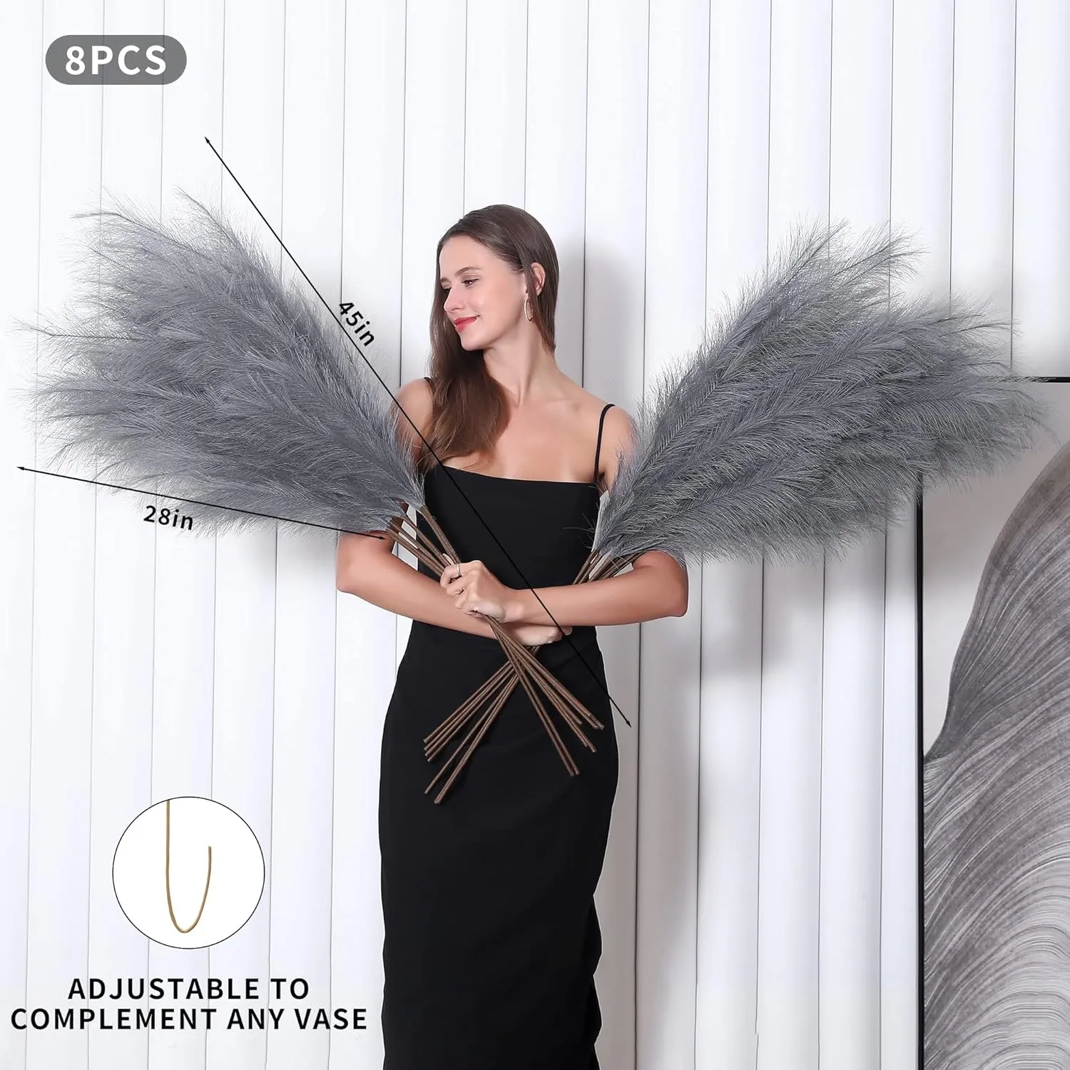 8 Pcs 45 inch Tall Faux Pampas Grass Decor, Large Artificial Grey Pompous Grass Bulk, Long Fake Pompas for Floor Vase Filler, Wedding, Baby Shower, Home and Boho Decor (Grey)