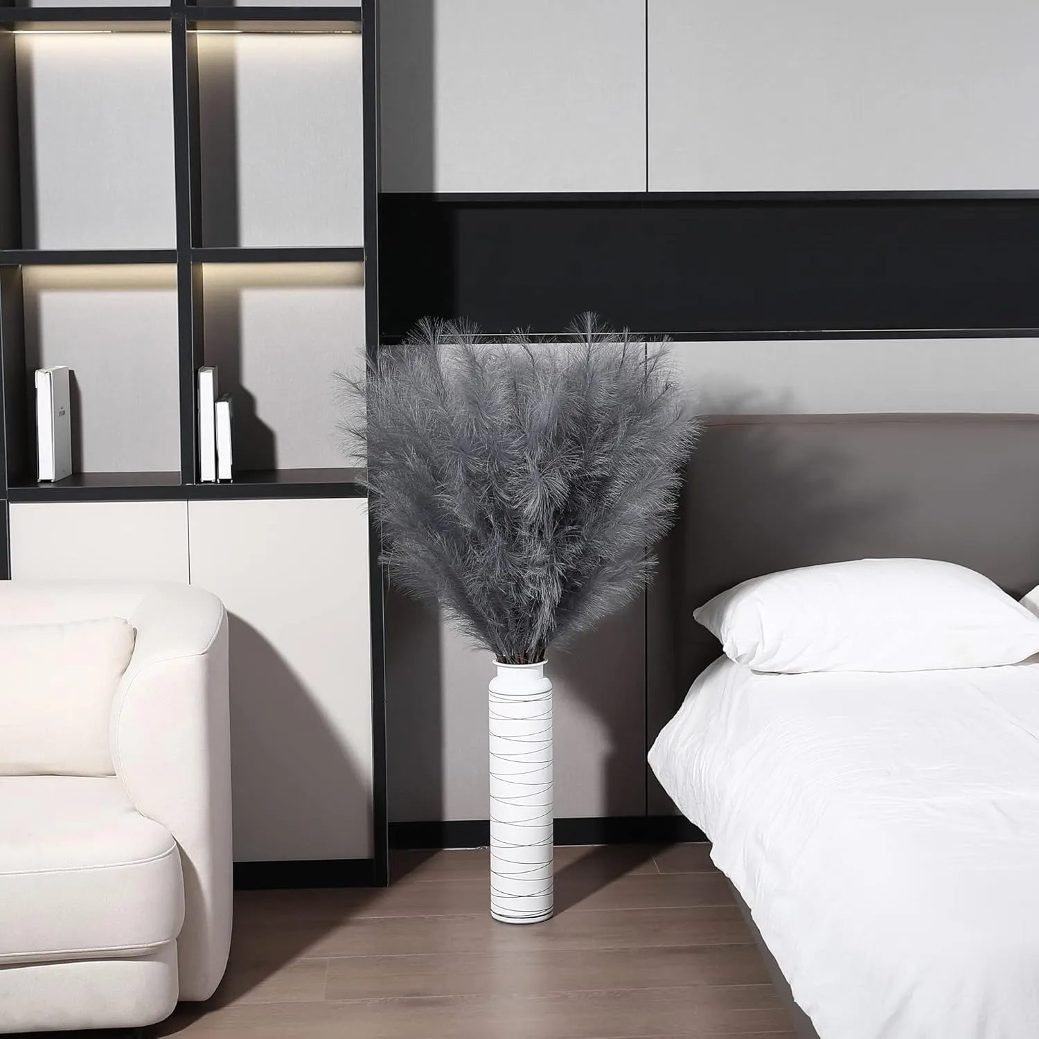 8 Pcs 45 inch Tall Faux Pampas Grass Decor, Large Artificial Grey Pompous Grass Bulk, Long Fake Pompas for Floor Vase Filler, Wedding, Baby Shower, Home and Boho Decor (Grey)