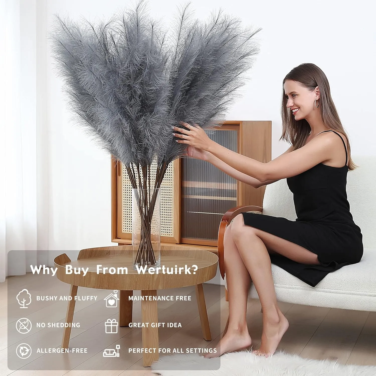 8 Pcs 45 inch Tall Faux Pampas Grass Decor, Large Artificial Grey Pompous Grass Bulk, Long Fake Pompas for Floor Vase Filler, Wedding, Baby Shower, Home and Boho Decor (Grey)
