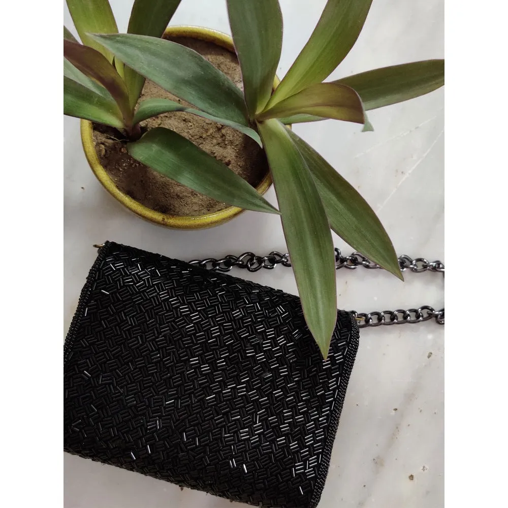 A Clutch Story Black Bugle Beads Flap Clutch
