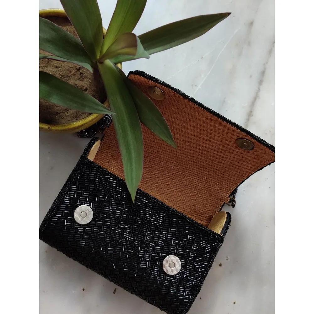 A Clutch Story Black Bugle Beads Flap Clutch