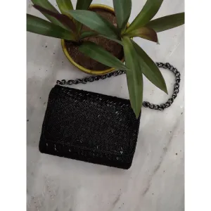 A Clutch Story Black Bugle Beads Flap Clutch