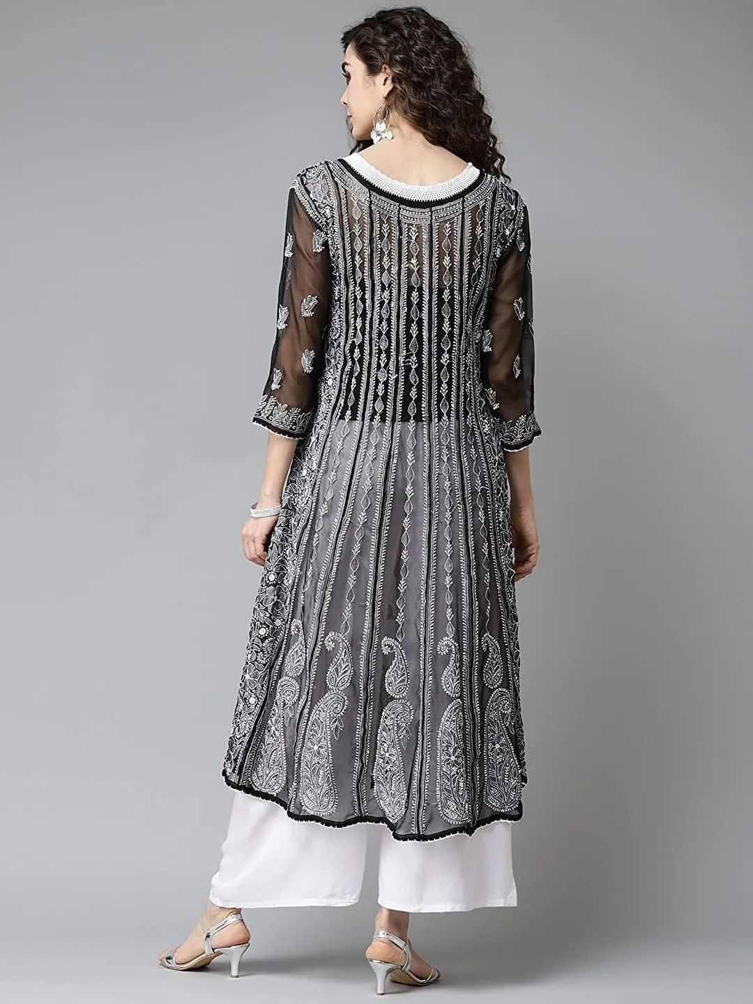 Ada Hand Embroidered Indian Chikankari Traditional Georgette Anarkali Kurta Kurti for Women A411207