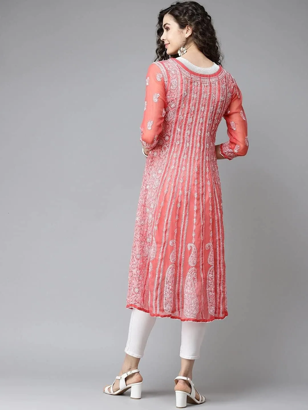 Ada Hand Embroidered Indian Chikankari Traditional Georgette Anarkali Kurta Kurti for Women A411207