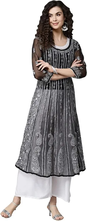 Ada Hand Embroidered Indian Chikankari Traditional Georgette Anarkali Kurta Kurti for Women A411207