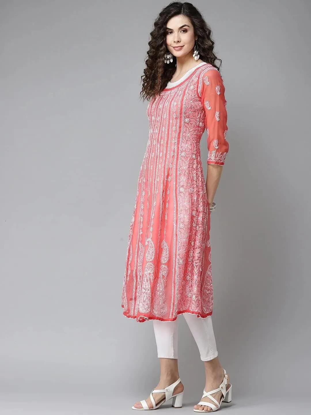 Ada Hand Embroidered Indian Chikankari Traditional Georgette Anarkali Kurta Kurti for Women A411207