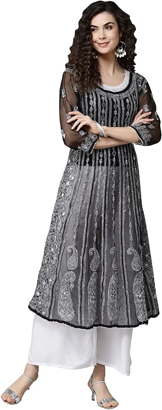 Ada Hand Embroidered Indian Chikankari Traditional Georgette Anarkali Kurta Kurti for Women A411207