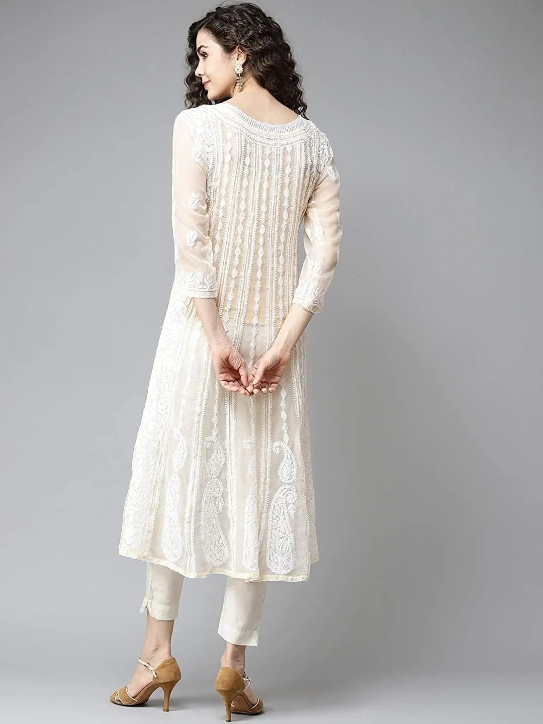 Ada Hand Embroidered Indian Chikankari Traditional Georgette Anarkali Kurta Kurti for Women A411207