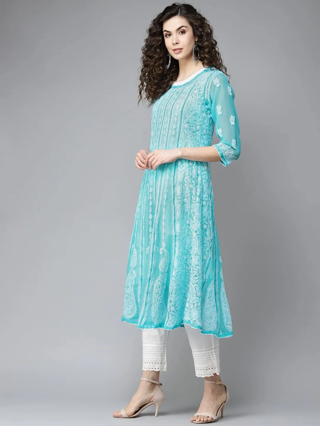 Ada Hand Embroidered Indian Chikankari Traditional Georgette Anarkali Kurta Kurti for Women A411207