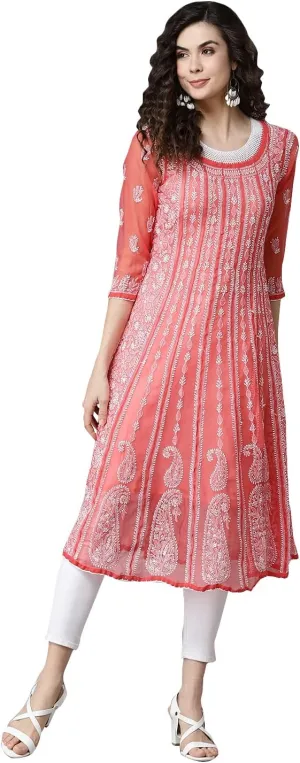 Ada Hand Embroidered Indian Chikankari Traditional Georgette Anarkali Kurta Kurti for Women A411207