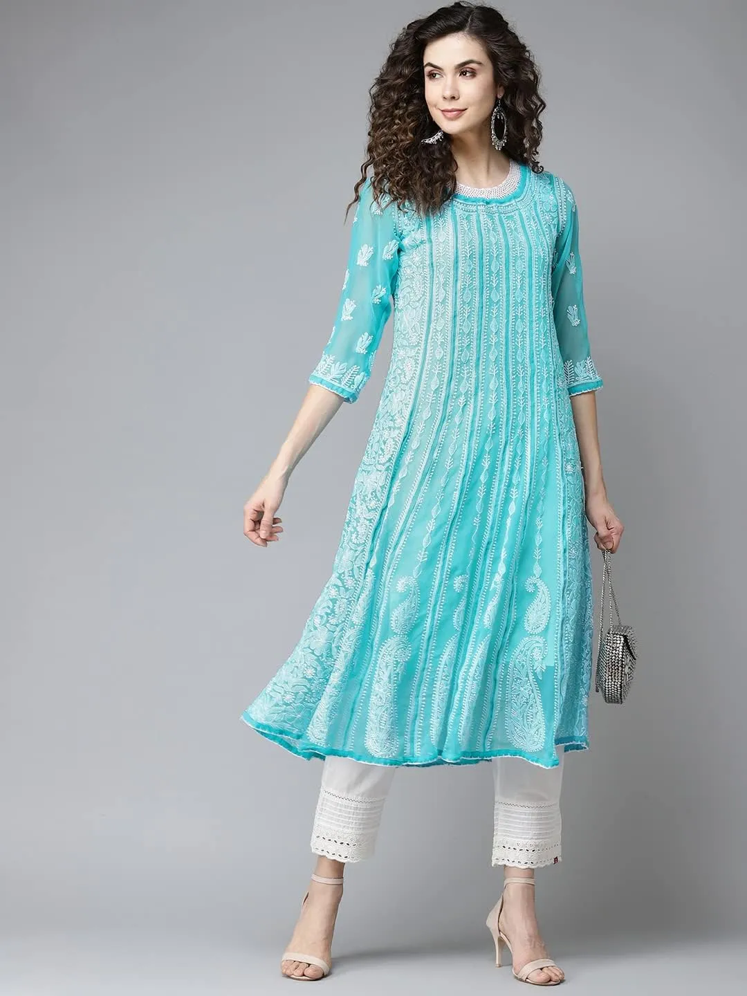 Ada Hand Embroidered Indian Chikankari Traditional Georgette Anarkali Kurta Kurti for Women A411207
