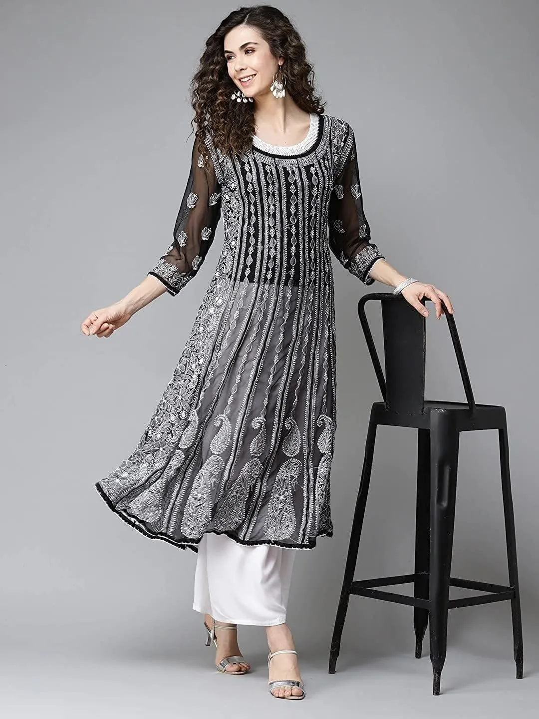 Ada Hand Embroidered Indian Chikankari Traditional Georgette Anarkali Kurta Kurti for Women A411207