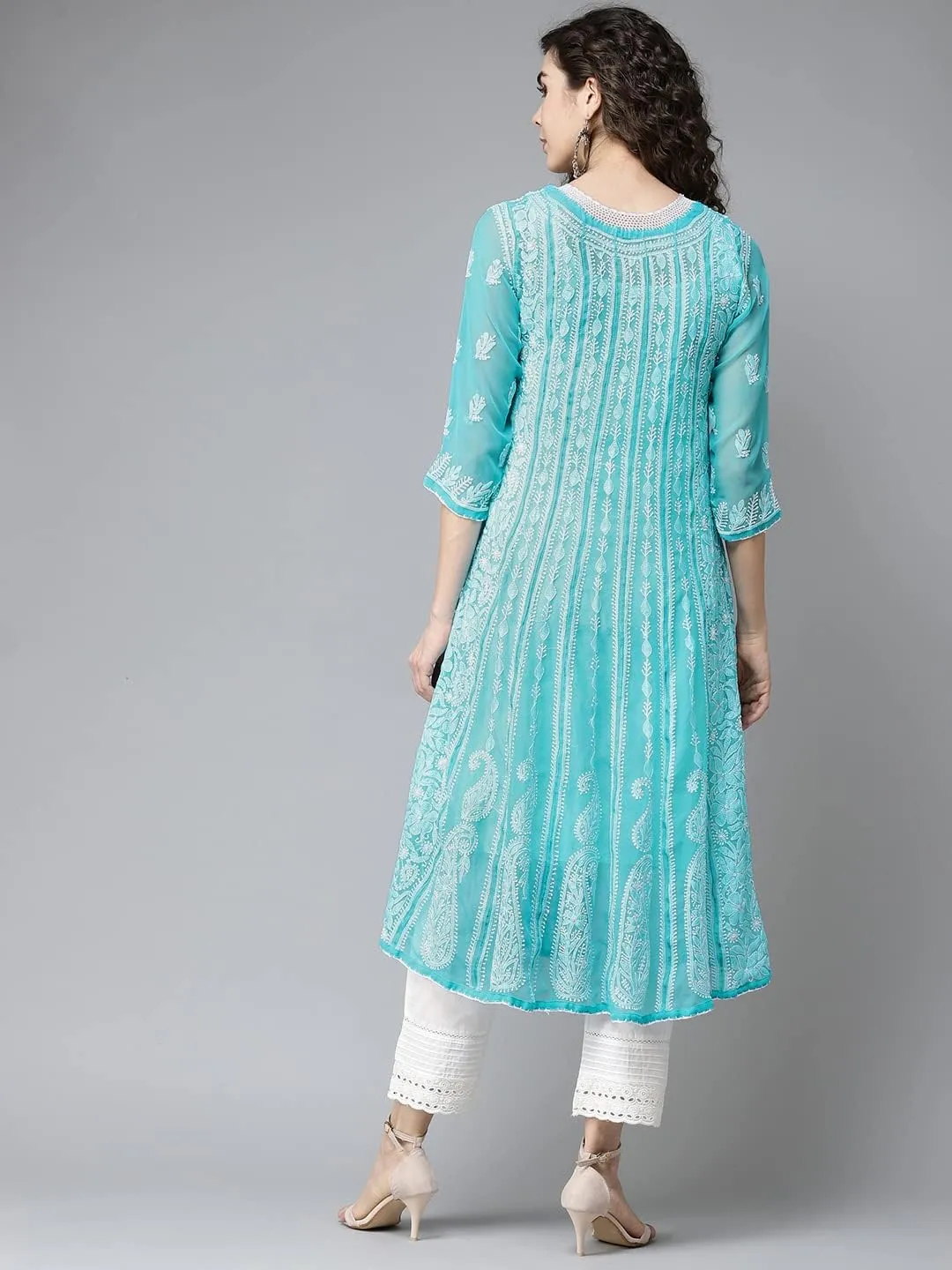 Ada Hand Embroidered Indian Chikankari Traditional Georgette Anarkali Kurta Kurti for Women A411207