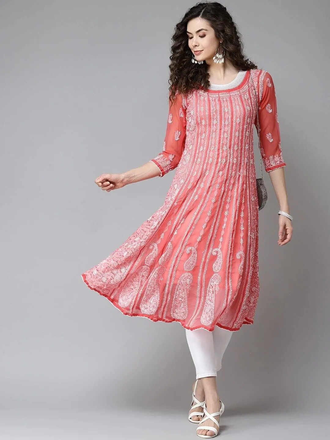Ada Hand Embroidered Indian Chikankari Traditional Georgette Anarkali Kurta Kurti for Women A411207