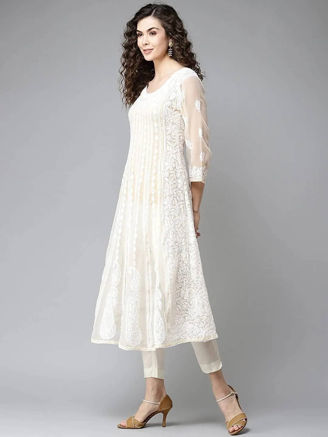 Ada Hand Embroidered Indian Chikankari Traditional Georgette Anarkali Kurta Kurti for Women A411207