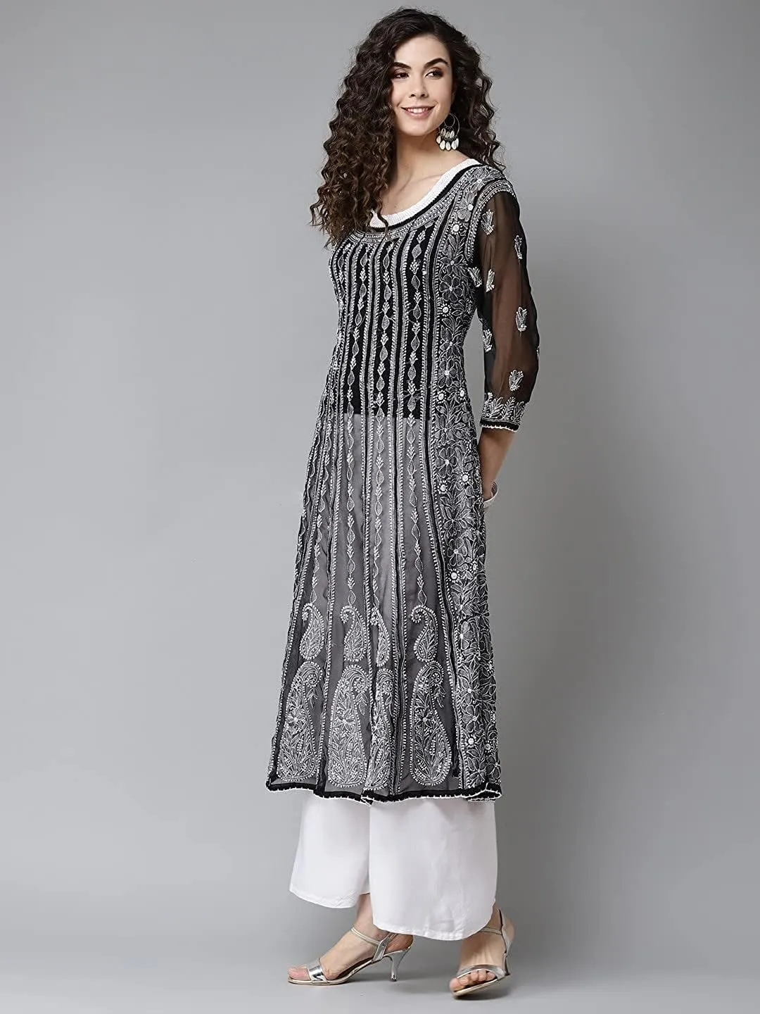 Ada Hand Embroidered Indian Chikankari Traditional Georgette Anarkali Kurta Kurti for Women A411207