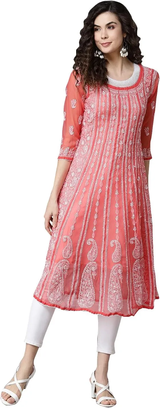 Ada Hand Embroidered Indian Chikankari Traditional Georgette Anarkali Kurta Kurti for Women A411207