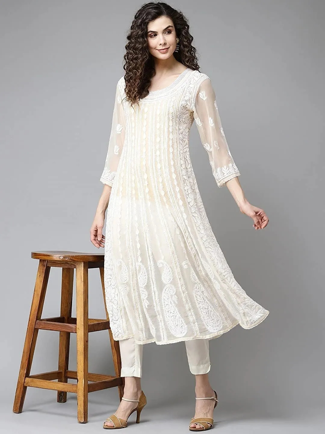 Ada Hand Embroidered Indian Chikankari Traditional Georgette Anarkali Kurta Kurti for Women A411207