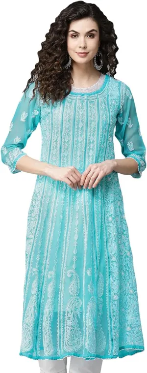 Ada Hand Embroidered Indian Chikankari Traditional Georgette Anarkali Kurta Kurti for Women A411207