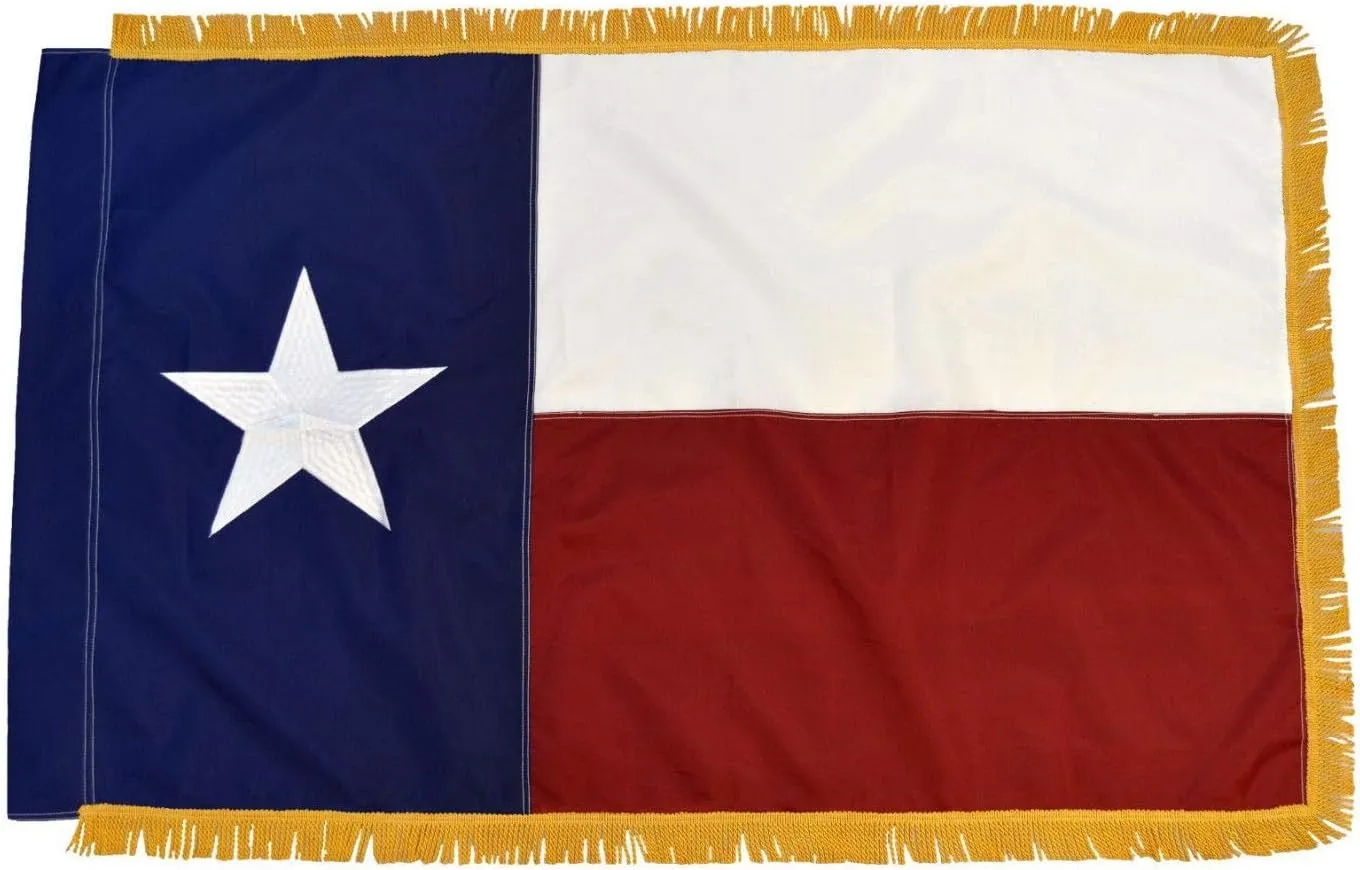 AES 3x5 FT Texas TX Flag Sewn Stripe Sewn Nylon Embroidered Star Gold Fringe Pole Sleeve US Made (FI)