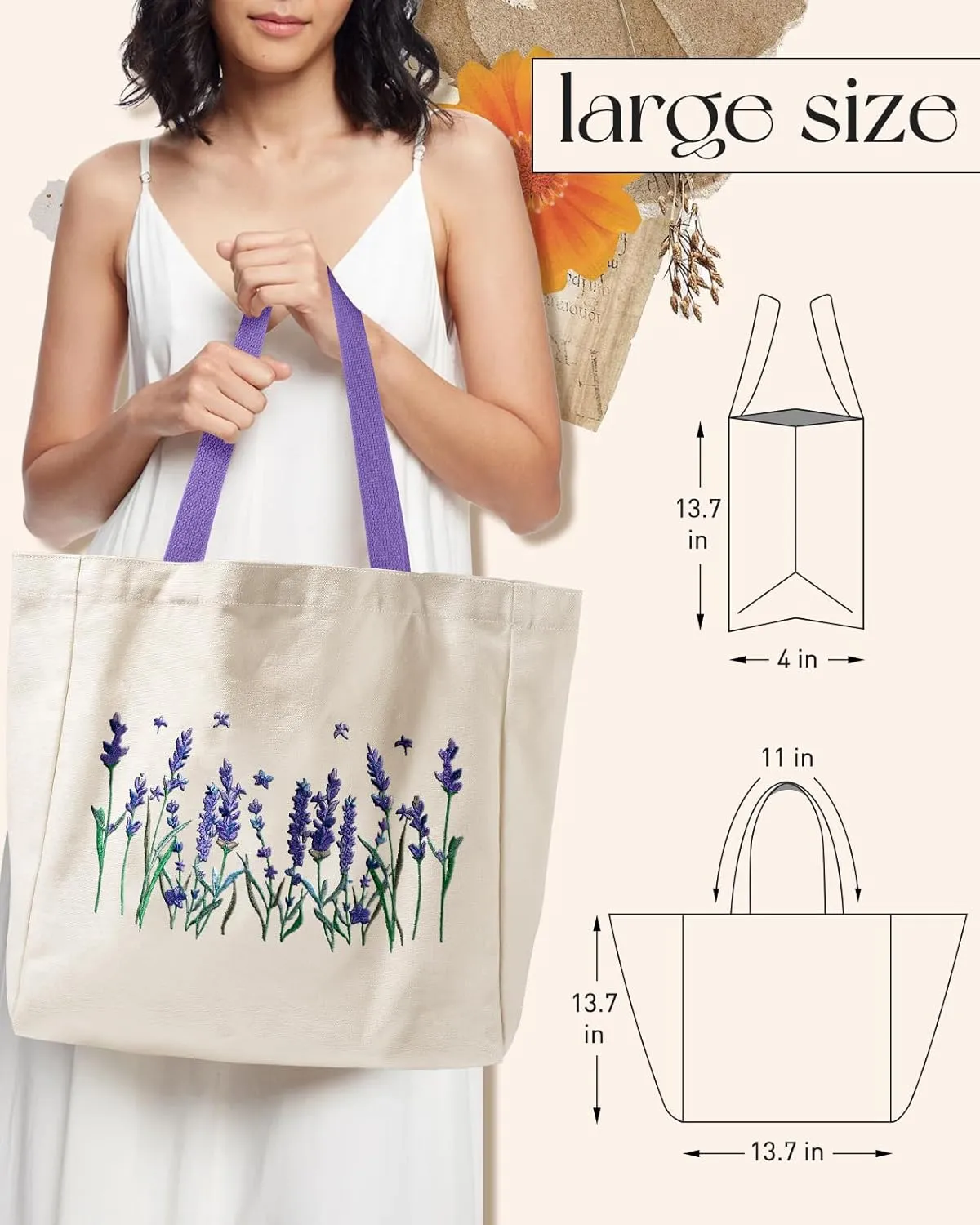 Aesthetic Embroidery Tote Bag for Women - with Magnetic Buckle and Zipper Inner Pocket for Lady Cotton Tote Bag