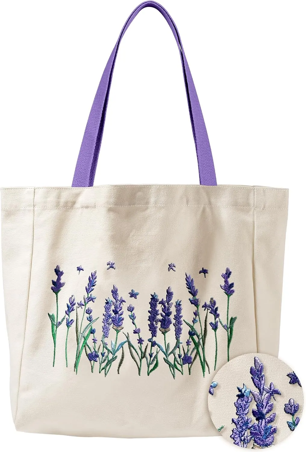 Aesthetic Embroidery Tote Bag for Women - with Magnetic Buckle and Zipper Inner Pocket for Lady Cotton Tote Bag