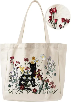 Aesthetic Embroidery Tote Bag for Women - with Magnetic Buckle and Zipper Inner Pocket for Lady Cotton Tote Bag