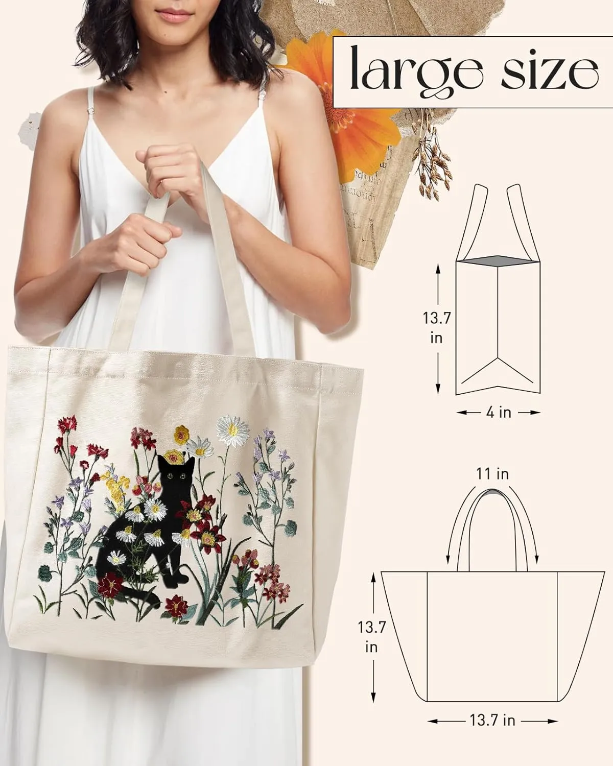 Aesthetic Embroidery Tote Bag for Women - with Magnetic Buckle and Zipper Inner Pocket for Lady Cotton Tote Bag