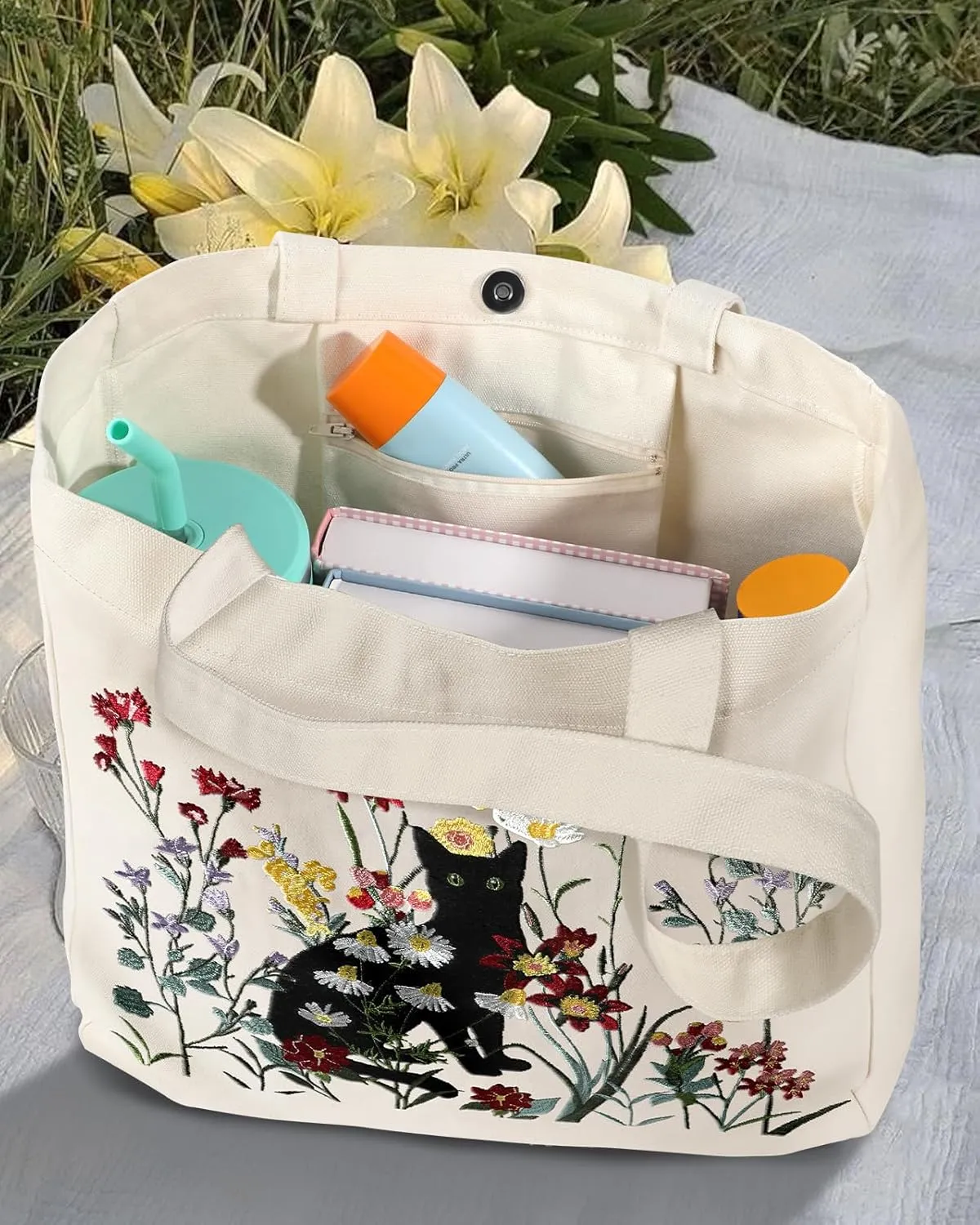 Aesthetic Embroidery Tote Bag for Women - with Magnetic Buckle and Zipper Inner Pocket for Lady Cotton Tote Bag
