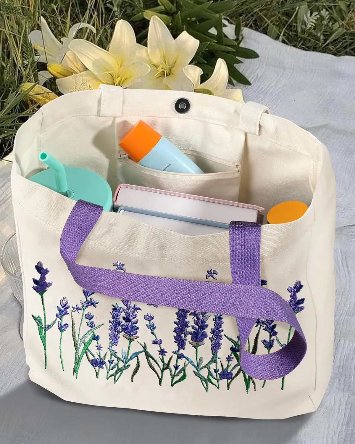 Aesthetic Embroidery Tote Bag for Women - with Magnetic Buckle and Zipper Inner Pocket for Lady Cotton Tote Bag