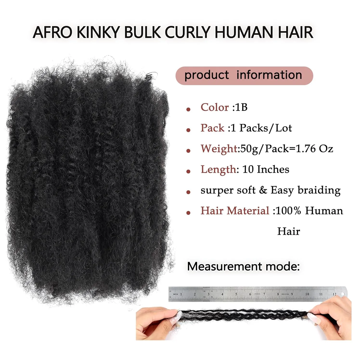 Afro Kinkys Bulk Human Hair 50g/Pack Natural Black 100% Human Hair for Dreadlocks & Loc Extensions Faux locs Braiding Twist Afro Kinky Bulk Human Hair Can Dye and Bleach (Natural black 10inch)