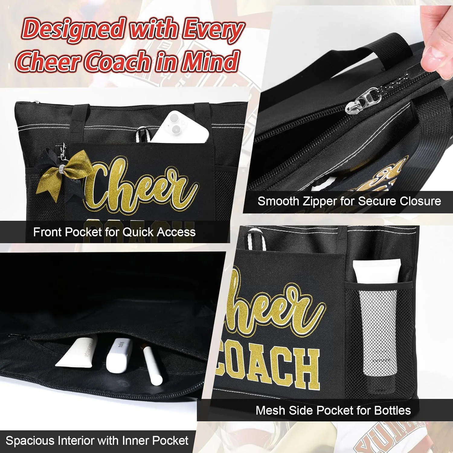 Aileam Cheer Coach Tote Bag for Cheerleaders Cheerleading Coach Gift Large Canvas Cheer Bag with Zipper Reusable Shopping Bag for Cheerleader Cheer Stuff Organizer for Girls Coaches
