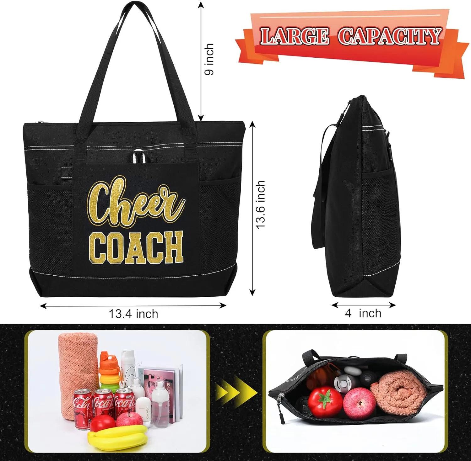 Aileam Cheer Coach Tote Bag for Cheerleaders Cheerleading Coach Gift Large Canvas Cheer Bag with Zipper Reusable Shopping Bag for Cheerleader Cheer Stuff Organizer for Girls Coaches