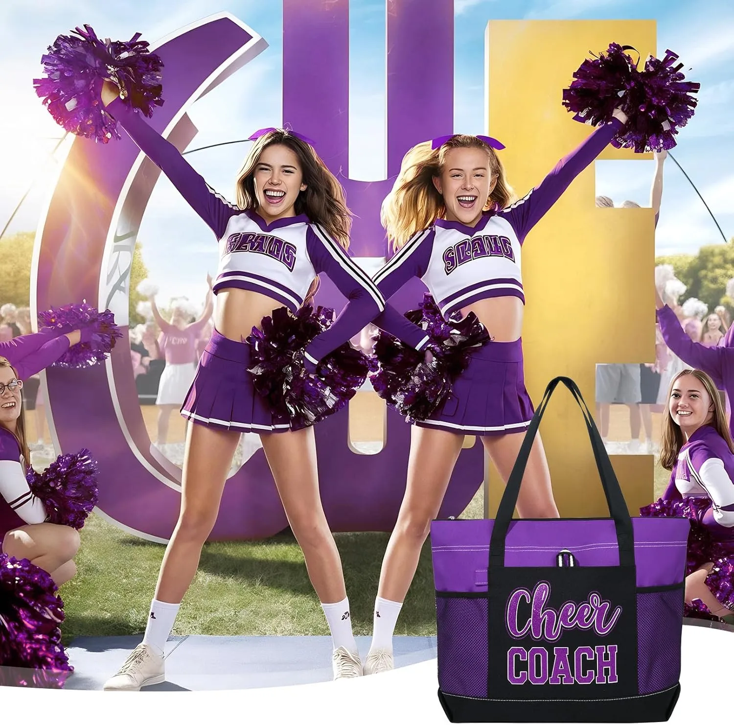 Aileam Cheer Coach Tote Bag for Cheerleaders Cheerleading Coach Gift Large Canvas Cheer Bag with Zipper Reusable Shopping Bag for Cheerleader Cheer Stuff Organizer for Girls Coaches