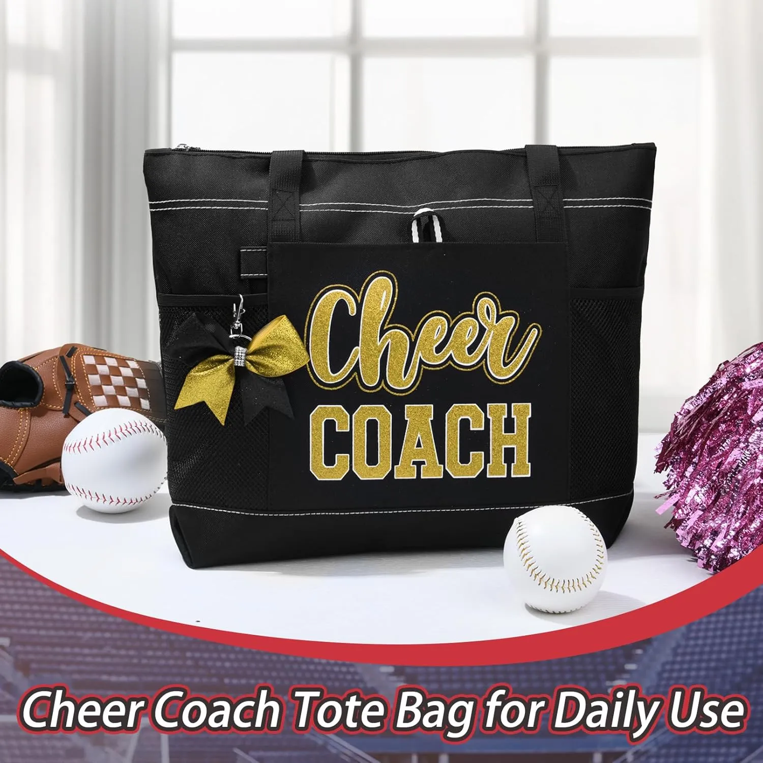 Aileam Cheer Coach Tote Bag for Cheerleaders Cheerleading Coach Gift Large Canvas Cheer Bag with Zipper Reusable Shopping Bag for Cheerleader Cheer Stuff Organizer for Girls Coaches