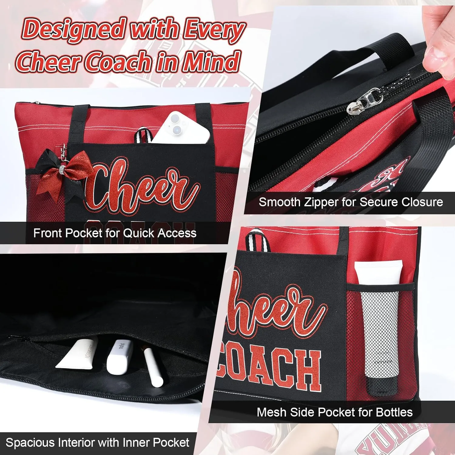 Aileam Cheer Coach Tote Bag for Cheerleaders Cheerleading Coach Gift Large Canvas Cheer Bag with Zipper Reusable Shopping Bag for Cheerleader Cheer Stuff Organizer for Girls Coaches