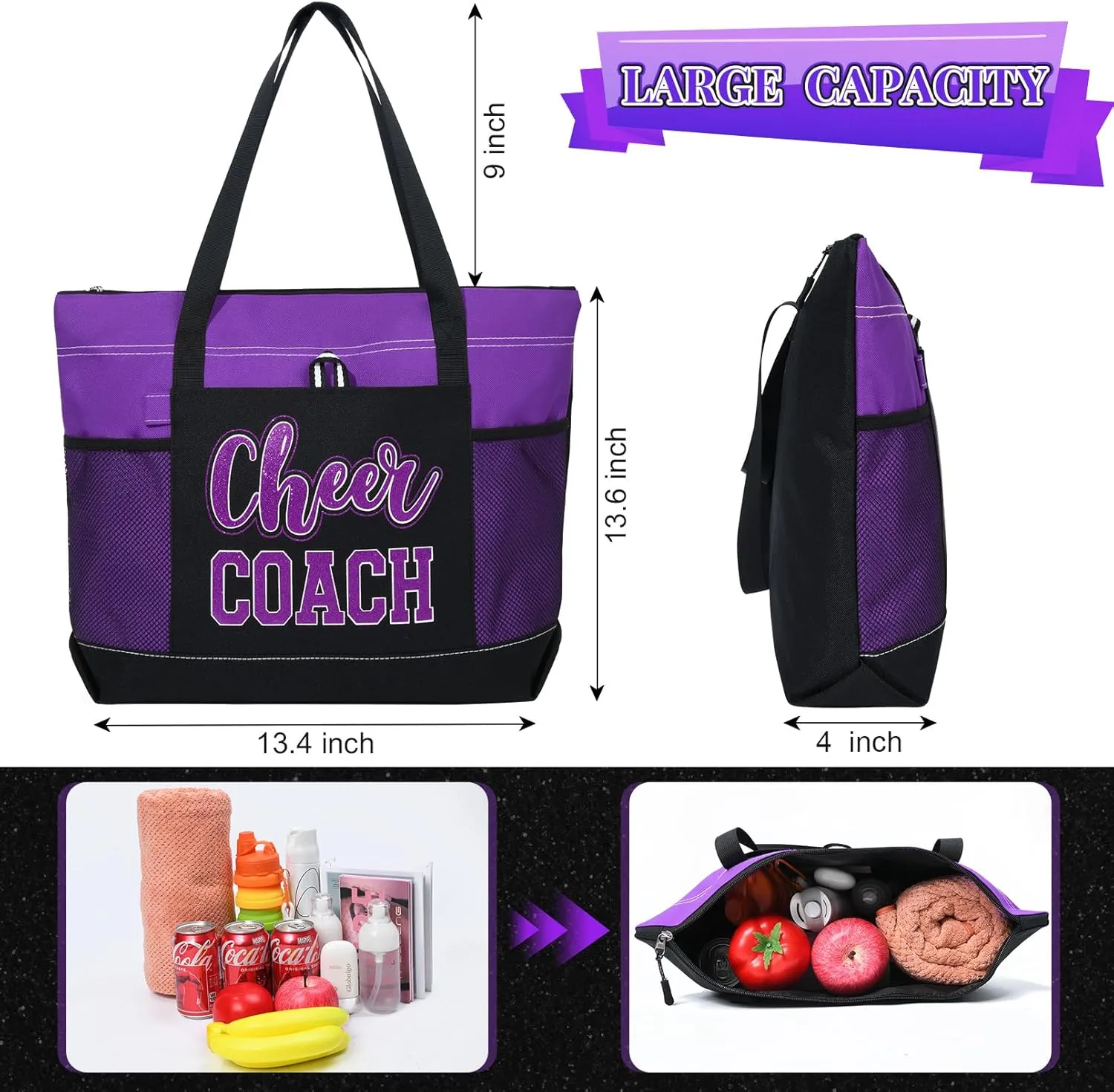Aileam Cheer Coach Tote Bag for Cheerleaders Cheerleading Coach Gift Large Canvas Cheer Bag with Zipper Reusable Shopping Bag for Cheerleader Cheer Stuff Organizer for Girls Coaches