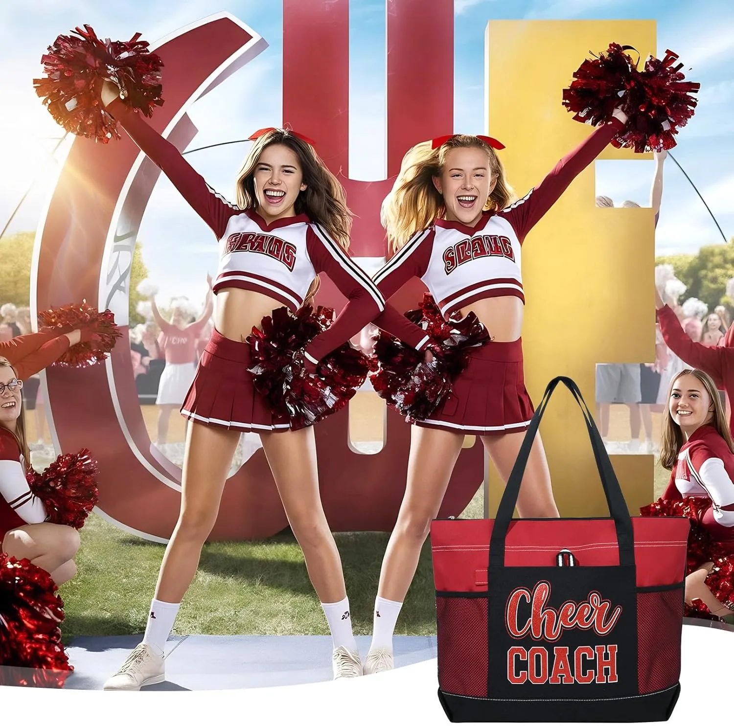 Aileam Cheer Coach Tote Bag for Cheerleaders Cheerleading Coach Gift Large Canvas Cheer Bag with Zipper Reusable Shopping Bag for Cheerleader Cheer Stuff Organizer for Girls Coaches