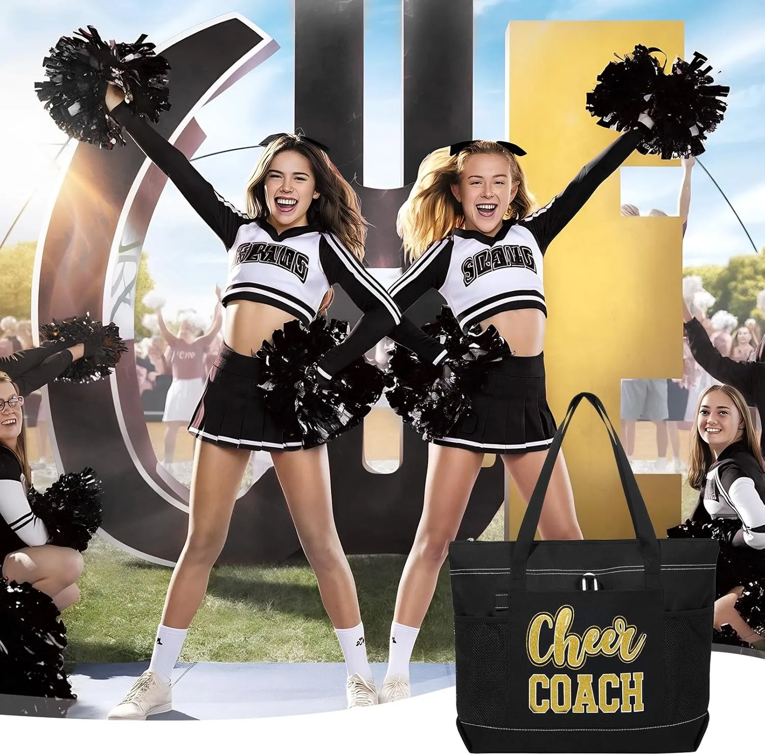 Aileam Cheer Coach Tote Bag for Cheerleaders Cheerleading Coach Gift Large Canvas Cheer Bag with Zipper Reusable Shopping Bag for Cheerleader Cheer Stuff Organizer for Girls Coaches