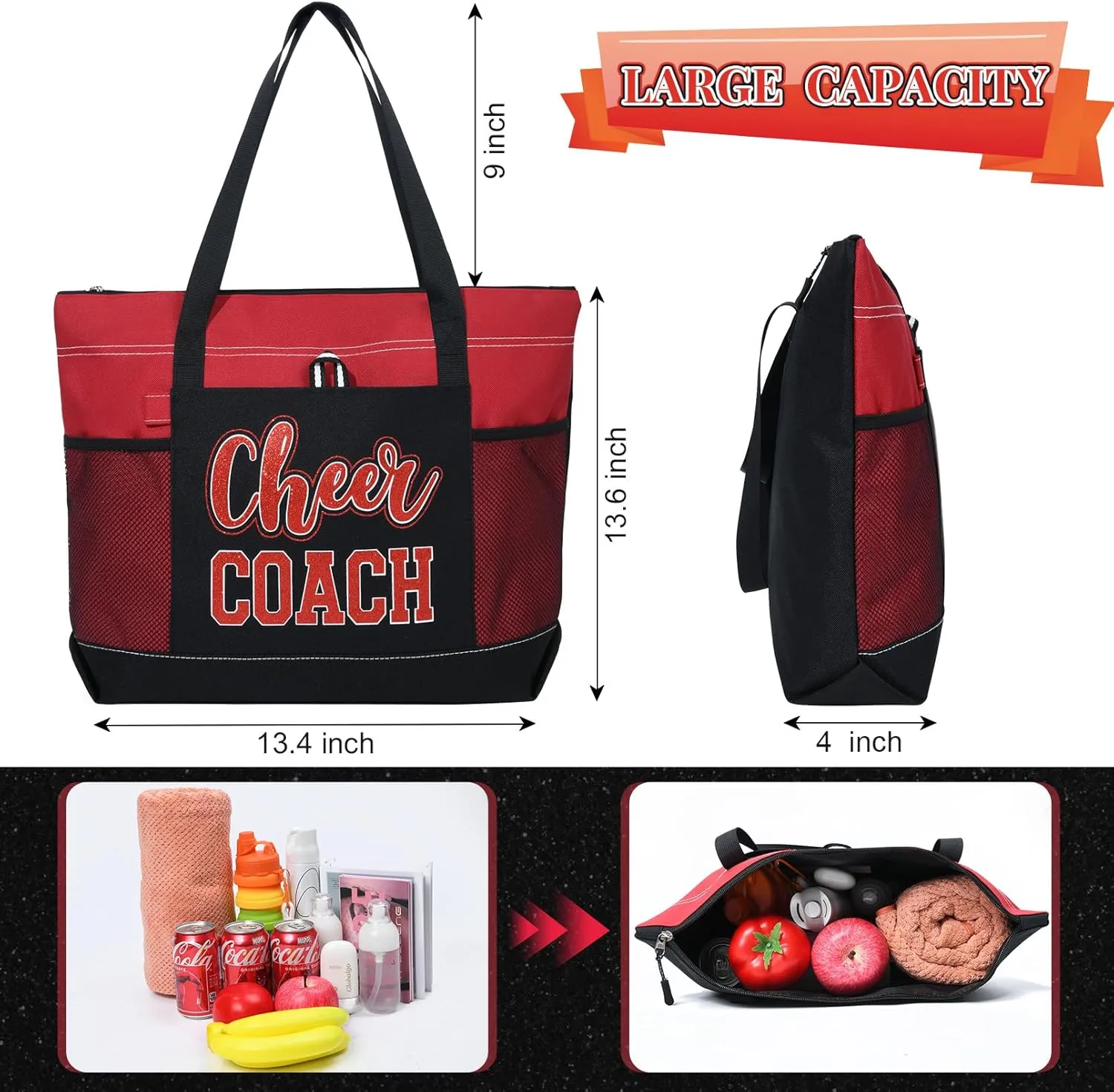 Aileam Cheer Coach Tote Bag for Cheerleaders Cheerleading Coach Gift Large Canvas Cheer Bag with Zipper Reusable Shopping Bag for Cheerleader Cheer Stuff Organizer for Girls Coaches
