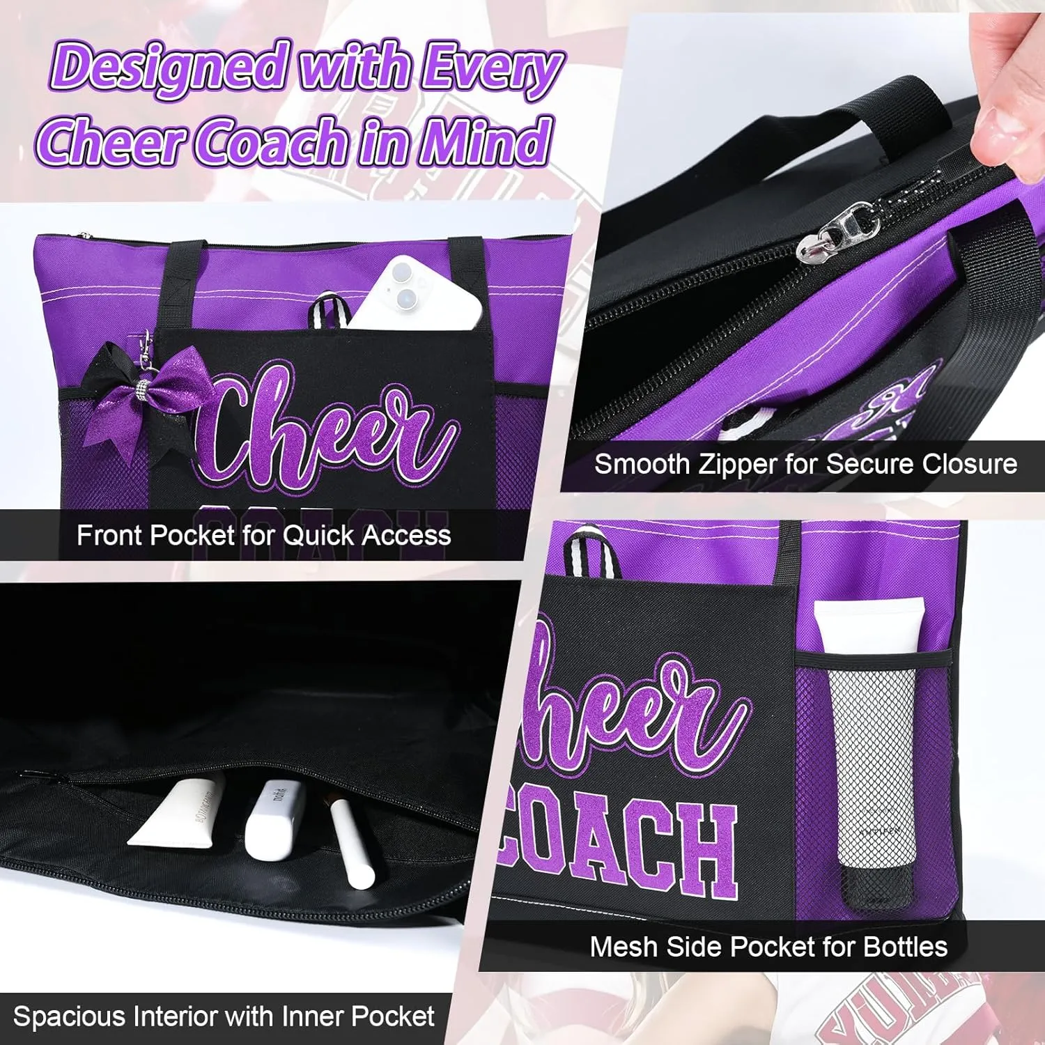 Aileam Cheer Coach Tote Bag for Cheerleaders Cheerleading Coach Gift Large Canvas Cheer Bag with Zipper Reusable Shopping Bag for Cheerleader Cheer Stuff Organizer for Girls Coaches