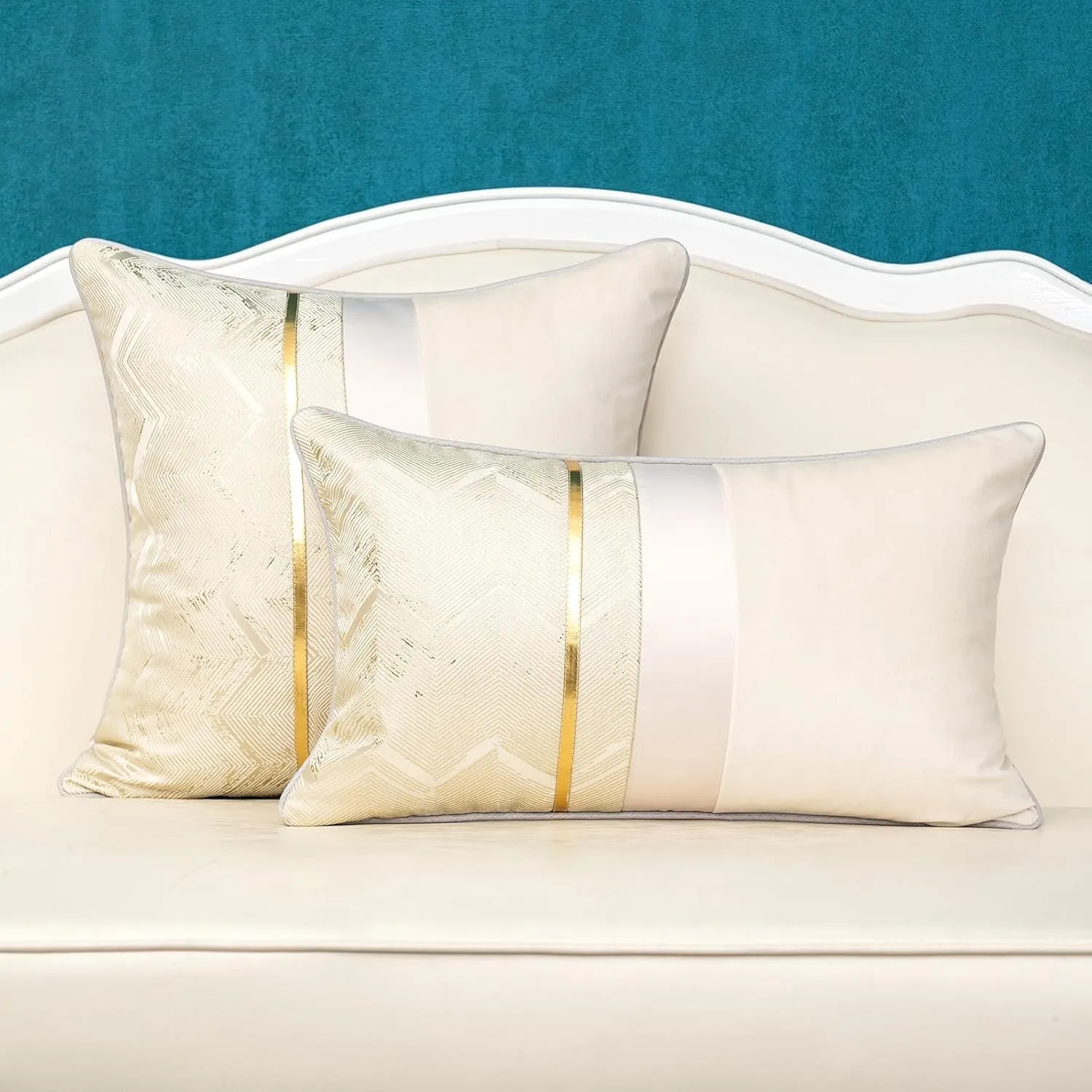 Alerfa 20 x 20 Inch Light Beige White Geometric Striped Gold Leather Patchwork Velvet Cushion Case Luxury Modern Lumbar Throw Pillow Cover Decorative Pillow for Couch Sofa Living Room Bedroom Car