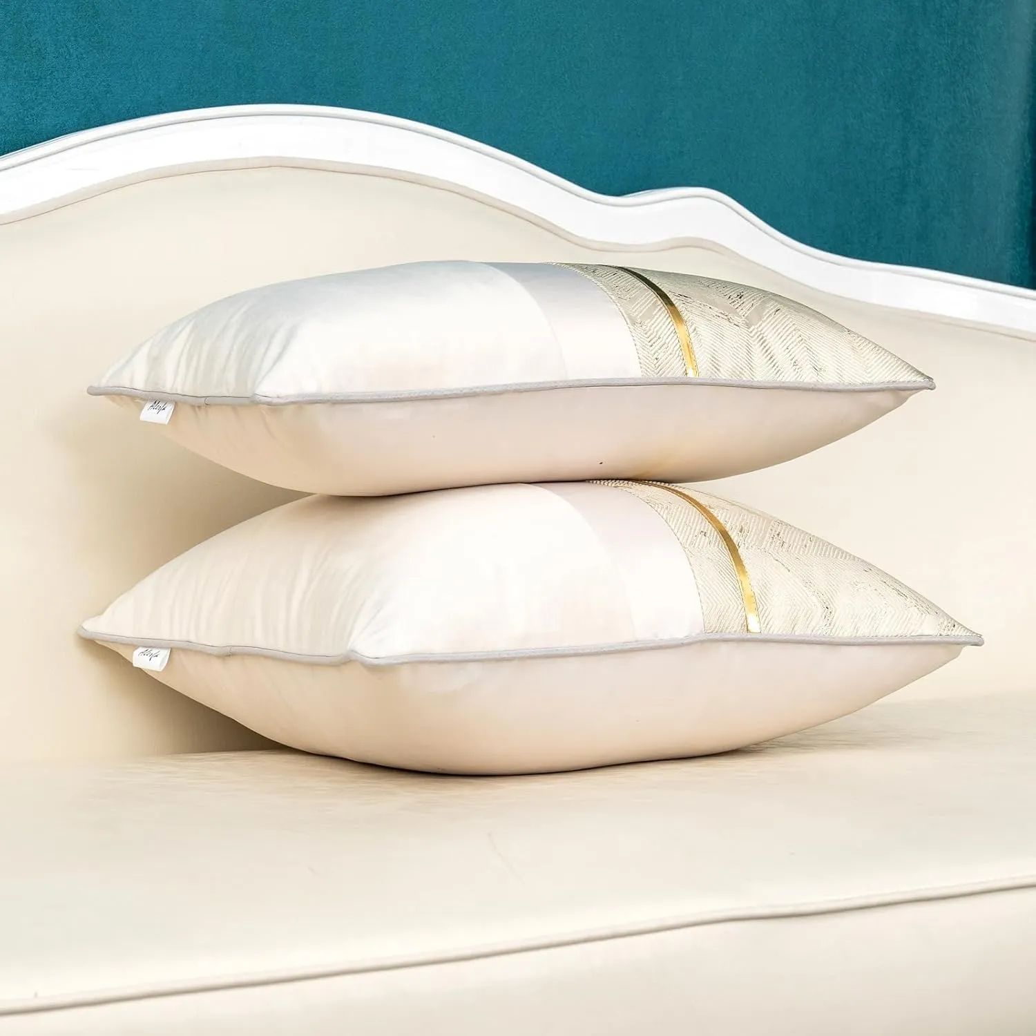 Alerfa 20 x 20 Inch Light Beige White Geometric Striped Gold Leather Patchwork Velvet Cushion Case Luxury Modern Lumbar Throw Pillow Cover Decorative Pillow for Couch Sofa Living Room Bedroom Car