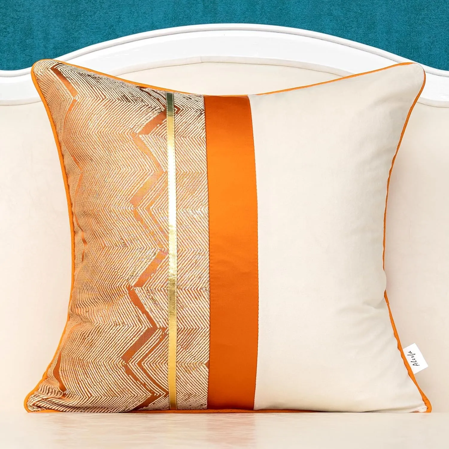 Alerfa 20 x 20 Inch Orange White Geometric Striped Gold Leather Patchwork Velvet Cushion Case Luxury Modern Lumbar Throw Pillow Cover Decorative Pillow for Couch Sofa Living Room Bedroom Car
