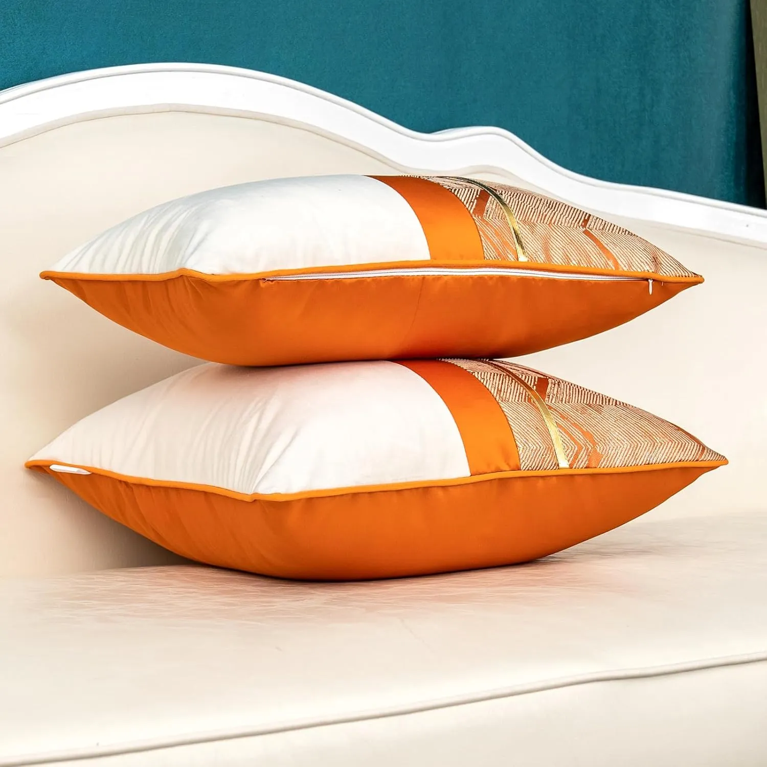 Alerfa 20 x 20 Inch Orange White Geometric Striped Gold Leather Patchwork Velvet Cushion Case Luxury Modern Lumbar Throw Pillow Cover Decorative Pillow for Couch Sofa Living Room Bedroom Car