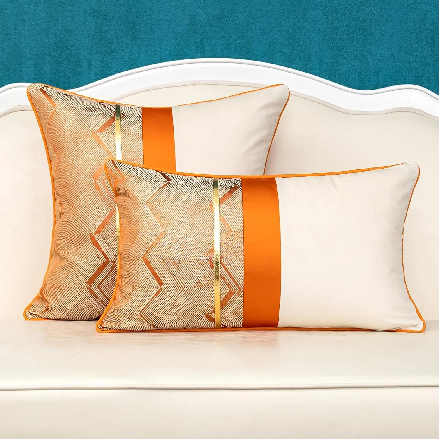 Alerfa 20 x 20 Inch Orange White Geometric Striped Gold Leather Patchwork Velvet Cushion Case Luxury Modern Lumbar Throw Pillow Cover Decorative Pillow for Couch Sofa Living Room Bedroom Car